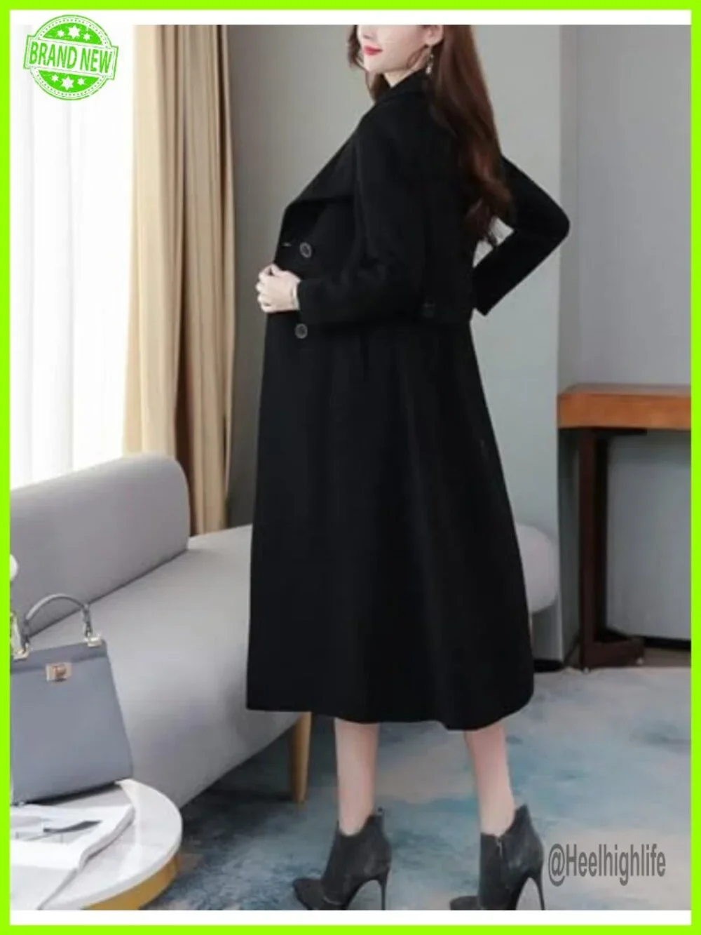 Shawl Collar Long Wool Coat Double Breasted Trench Peacoat